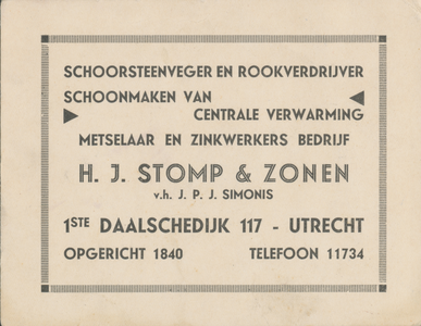 716184 Visitekaart van H.J. Stomp & Zonen, v.h. J.P.J. Simonis, Schoorsteenveger en Rookverdrijver, Metselaar en ...